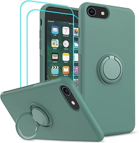 LeYi for iPhone SE Case: with 2 PCS Glass Screen Protector for Women Girls Boys, Liquid Silicone Shockproof Phone Case Cover with Stand for iPhone SE 2020/2022/ 3rd Generation, Green