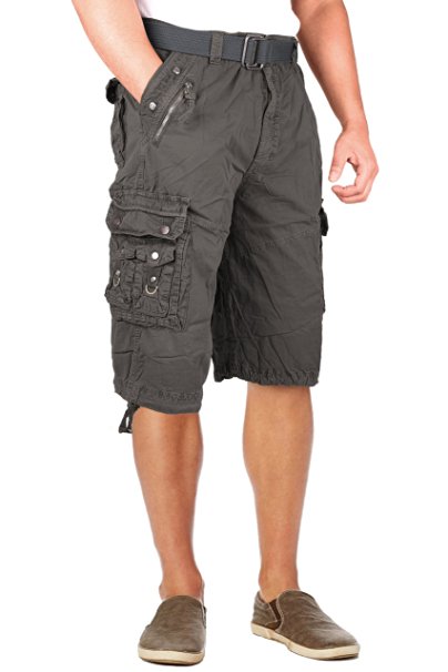 North 15 Mens Belted Cotton Military Style Multi Pocket Cargo Short