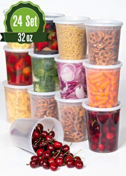 Plastic Food Storage Containers with Lids 32 oz - 24 Pack Lunch Deli Slime Small Round Clear Soup, Food Saver Container [ BPA Free, Reusable or Disposable, Dishwasher, Microwave & Freezer Safe]