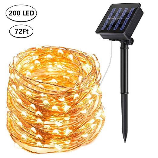 DeepDream Solar String Lights, 72ft 200 LED Solar Powered Fairy Lights Waterproof Outdoor/Indoor Copper Wire Decorative Lighting for Patio Garden Yard Party Wedding Christmas (Warm White)