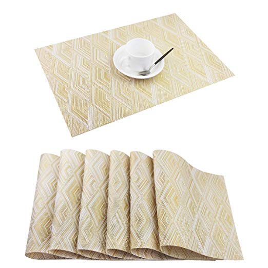pigchcy Placemats,Washable Vinyl Woven Table Mats,Elegant Placemats for Dining Table Set of 6(Rhombus Pattern,Gold)