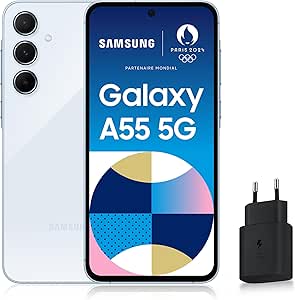 Samsung Galaxy A55 5G, Smartphone Android, 256 Go, Chargeur secteur rapide 25W inclus [Exclusivité Amazon], Smartphone déverrouillé, Bleu, Version FR