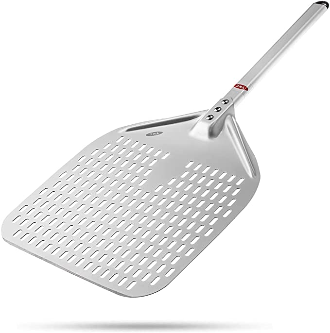 TKC 12 inch Pizza Peel - Outdoor Pizza Oven Wood Fired - Perforated Metal Commercial Aluminum Kitchen Spatula - Compact Design - 26 Inch Overall Length (Silver/Gray)