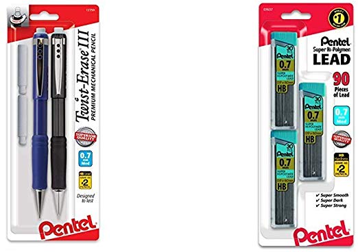 Pentel Twist-Erase III Automatic Pencil with 2 Eraser Refills, 0.7mm, Assorted Barrels, 2 Pack &  C27BPHB3K6 Super Hi-Polymer Lead Refills, 0.7mm, HB, Black, 30 per Tube (Pack of 3 Tubes)