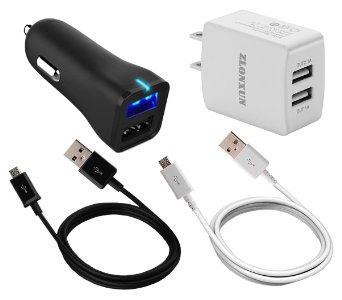 Travel Charger Set:2 Port USB Car Charger 2.4Amp And 2-Port USB Charger 2.1Amp and 2-Micro USB Cables for Samsung Galaxy S7 S4 S6 edge,Note 4 Edge, Note 5, LG G3, HTC M8,more(Black/White)
