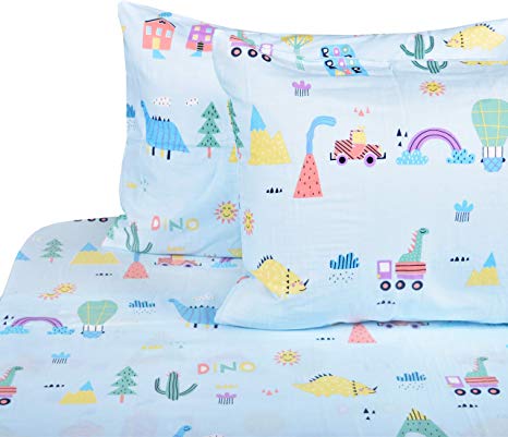 J-pinno Dinosaur Forest Volcano Adventure Double Layer Muslin Cotton Bed Sheet Set Full, Flat Sheet & Fitted Sheet & Pillowcase Natural Hypoallergenic Bedding Set (11, Full)
