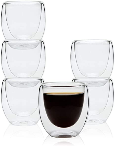 ComSaf Espresso Glass Cups 2.7 OZ - Set of 6, Double Wall Thermo Insulated Shot Glass Mugs, Clear