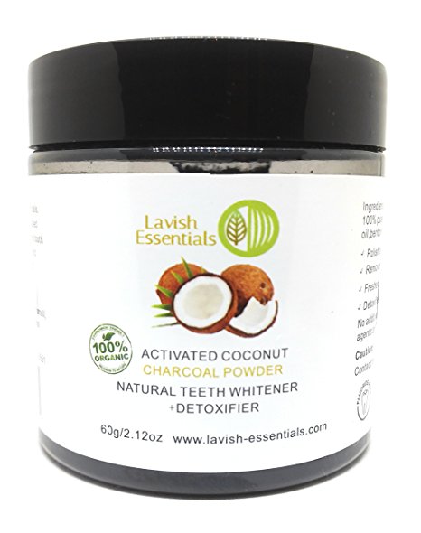 Lavish Essentials - Natural Activated Food Grade Teeth Whitening Charcoal - With Organic Coconut Activated Charcoal And Bentonite - 60g Coconut Tooth and Gum Powder for Whiter, Stronger, Healthier Teeth. More Effective Than Tooth Whitener Strips, Kits and Toothpaste. LARGE SIZE.