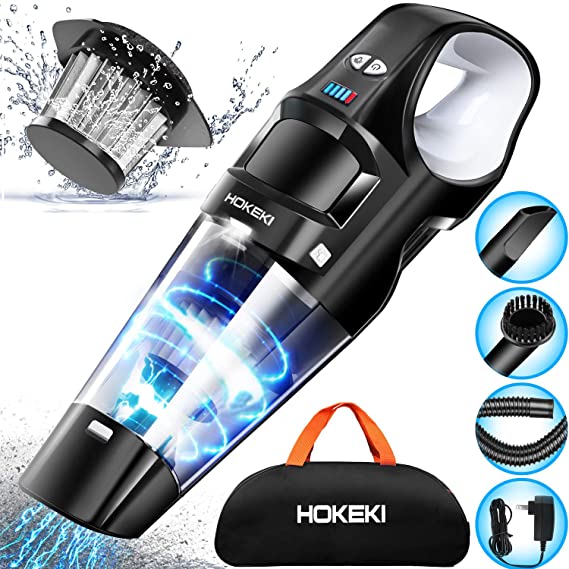 Car Vacuum Cleaner, HOKEKI Handheld Vacuum Cordless Rechargeable with LED Light Powerful Cyclonic Suction Portable Wet Dry Vac Cleaner for Home Pet Hair Car Cleaning, 3 Speeds, 5kPa