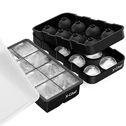 X-Chef Ice Cube and Sphere Trays Set of 2, Silicone Ice Combo Molds with Lids, 8 Cavity Large Ice Balls and Ice Squares for Whiskey, BPA Free & Reusable