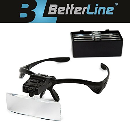 Better Line Professional Lighted Magnifier Visor - 5 Lenses Glass 1.0X to 3.5X - Weighs Just 1.8 oz With 2 LED, Bracket and Headband are Interchangeable