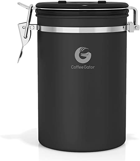 Coffee Gator Stainless Steel Coffee Grounds and Beans Container Canister with Date-Tracker, CO2-Release Valve and Measuring Scoop, Large, Black