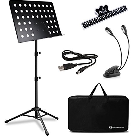 Music Stand, LOVIN PRODUCT Professional Collapsible Orchestra Portable and Lightweight with LED light, Music Sheet Clip Holder and Carrying Bag Suitable for Instrumental Performance. (1 PACK)