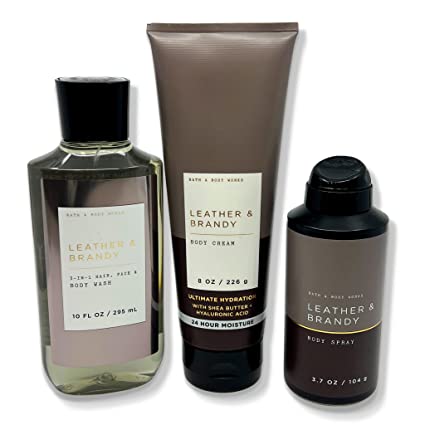 Bath & Body Works - Leather & Brandy - 3 pc bundle - 3-in-1 Hair, Face, & Body Wash 10 fl oz, Ultimate Hydration Body Cream 8 oz, and Body Spray 3.7 oz - 3-piece bundle for Men