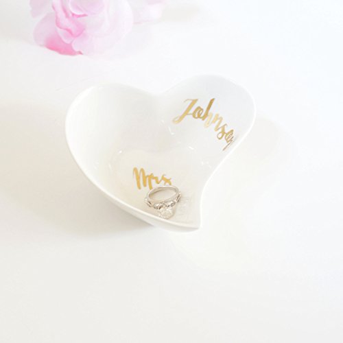 Custom Ceramic White and Gold Foil Small Jewelry Holder Heart Dish, Heart Jewelry Ring Holder Box Tray, Unique Wedding Gift Personalized Mrs Name Gift, Engagement Bridal Shower Bachelorette