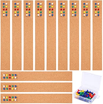 Cooraby 12 Pack Cork Strips 15 x 2 Inch Frameless Self-Adhesive Cork Board with 40 Pieces Cork Board Pins for Classroom Office