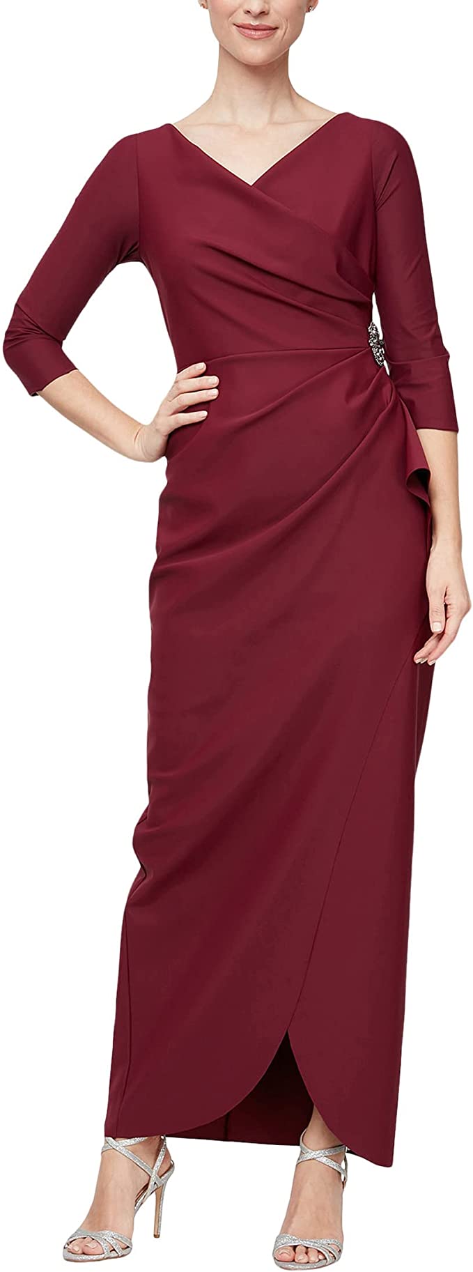 Alex Evenings Women's Slimming Long ¾ Sleeve Side-Ruched Dress