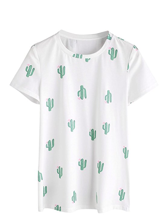 Romwe Women's Casual Tunic Top Planet Logo Allover Cartoon Cacti Cactus Graphic Print Tee Shirt