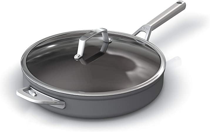 Ninja C30140 Foodi NeverStick Premium Hard-Anodized 4-Quart Sauté Pan with Glass Lid, Nonstick, Durable & Oven Safe to 500°F, Salt Grey