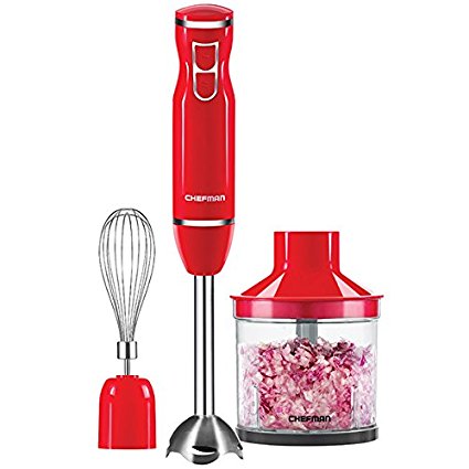 Chefman Immersion Blender Stainless Steel Shaft with Whisk and Chopper Bonus Pack Attachments – 300 Watt Hand Blender, Ice Crushing Blades, RJ19-V2-BP-Red