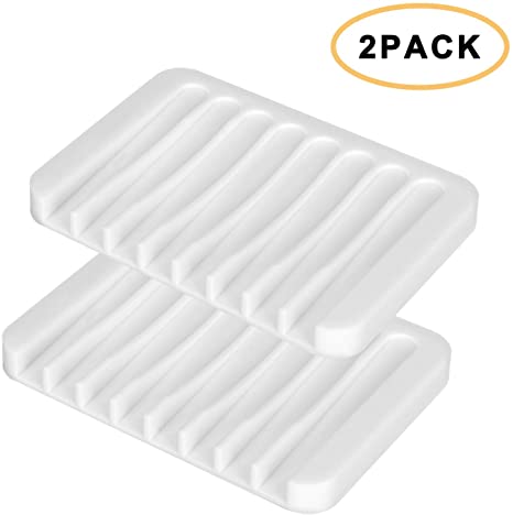 Sherbo Soap Dish Tray Saver Holder Drainer Shower Waterfall for Bathroom/Kitchen/Counter Top, Keep Bars Dry Easy Cleaning Flexible Silicone, White,2Pack