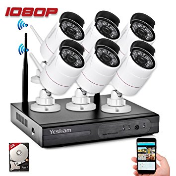Yeskam CCTV Camera Security Systems 1080P HD Wireless 6pcs IP Cameras Auto Pair NVR Recorder with Motion Activated Mobile App Remote View for Outdoor Home Surveillance Kit with 2TB Hard Drive