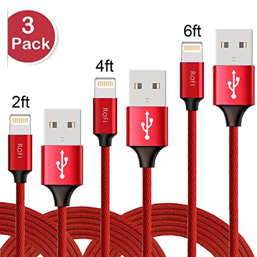RoFI Lightning Cable 3Pack 2FT/4FT/6FT Premium Quality Wove Design iPhone Cable USB Cord Charging Charger for Apple iPhone 8, 8 Plus, 7, 6s, 6 , 5, 5c, 5s, SE, iPad, iPod Nano, iPod Touch (Red)
