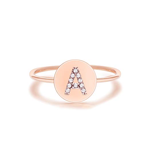 PAVOI 14K Rose Gold Plated Alphabet Disc Initial Ring Stackable Adjustable Size 5-9