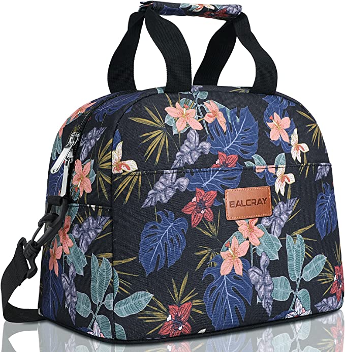 Baloray Lunch Bag for Women Insulated Lunch Bag with Detachable Shoulder Strap Lunch Tote Bag Lunch Box Adults for Work Picnic Camping (Black with Pink Flower)