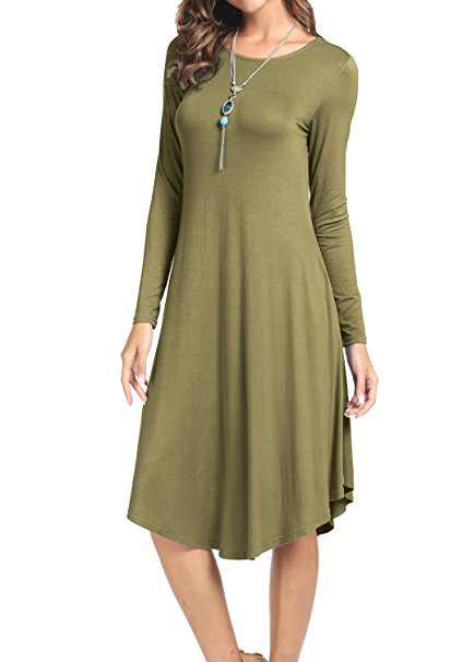 Levaca Women's Plain Long Sleeve Pockets Pleated Loose Swing Casual Midi Dress