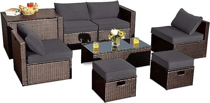 COSTWAY 8PCS Patio Rattan Furniture Set Space-Saving Storage Cushion W/Cover Grey