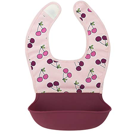 Kushies Silisoft Comfort Fabric Top, Silicone Pocket Waterproof Feeding Bib, Pink Cherries, 6m