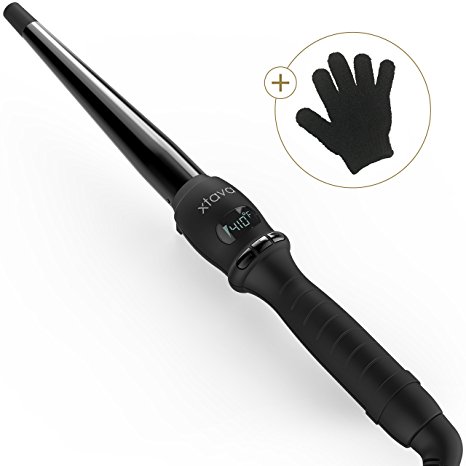 xtava Twirl Curling Wand - Tapered Clipless Curling Iron with ½ to 1 Inch Tourmaline Barrel - Professional Salon Hair Curler, Cool Tip LCD Display Auto Shut Off Dual Voltage Storage Pouch Heat Glove