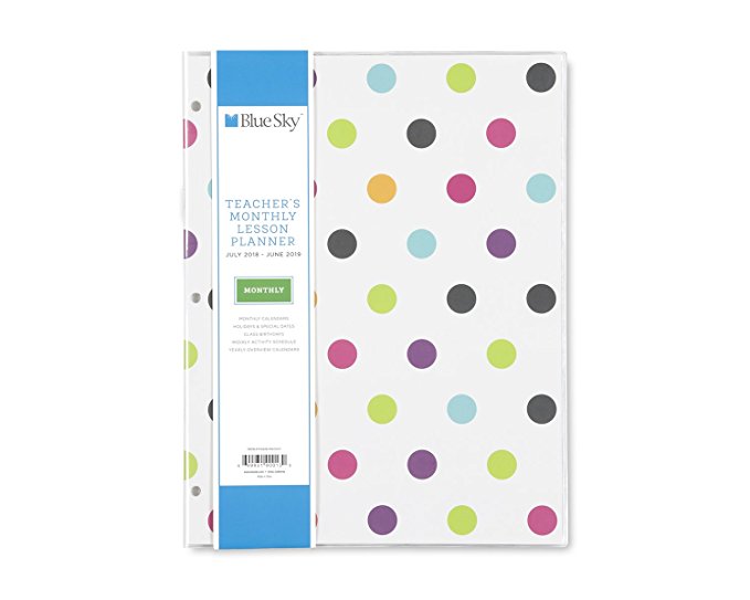 Blue Sky 2018-2019 Academic Year Teachers Monthly Lesson Planner, Stapled, Flexible Cover 8.5" x 11", Dots Design