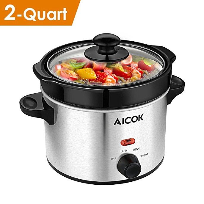 Aicok Slow Cooker, 2-Quart Mini Cooker Round Manual Cooker with Nonstick Removable Crock Stoneware and Stainless Steel Exterior