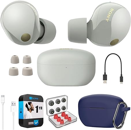 Sony WF-1000XM5 Industry Leading Noise Canceling Truly Wireless Earbuds (Silver) Bundle with Silicone Case (Blue), Memory Foam Ear Tips, USB-A to USB-C Cable & 1 YR CPS Enhanced Protection Pack