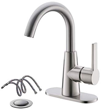 Single-Handle High-Arc Stainless Steel Bathroom Sink Faucet/Bar Sink/Pre-Kitchen Sink Faucet With 4 Inch Deck Plate,Drain And Supply Hoses By Phiestina, Brushed Nickel, WE10E-BN