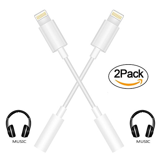 Lightning Adapter, 2Pack Lightning Connector to 3.5mm Headset Headphone Expansion Jack Adapter for iPhone 7/7 Plus and More White (2Pack)