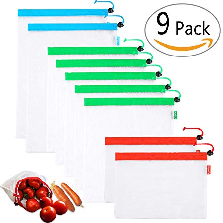 Reusable Mesh Produce Bags Set of 9 | High-strength & Light-weight Mesh for Products Recognisable | Various-sized w/Tare Weight Tag | Multi-used for Grocery Shopping, Storage Toys