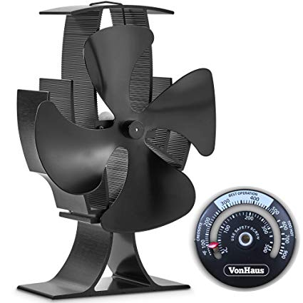 VonHaus 4-Blade Heat Powered Wood Stove Fan with Temperature Gauge - Ultra Quiet Fireplace Wood Burning Eco Fan for Efficient Heat Distribution – Black