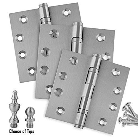 3 Pack- 4" x 4" Solid Brass Ball Bearing Hinges (Ball/Urn/Flat Tips Included), Heavy Duty Architectural Grade, Satin Nickel Finish (US15), Stainless Steel Pin