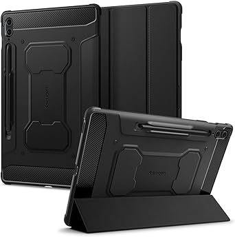 Spigen Rugged Armor Pro Designed for Samsung Galaxy Tab S9 FE Plus 12.4 Inch 2023 Shockproof Full Body Trifold Stand TPU Back Cover Case with Pen Holder Slot Auto-Wake Feature - Black