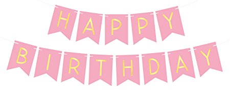 Pink Happy Birthday Bunting Banner with Shimmering Gold Letters - Birthday Decorations - 21st - 30th - 40th - 50th Birthday Party Supplies