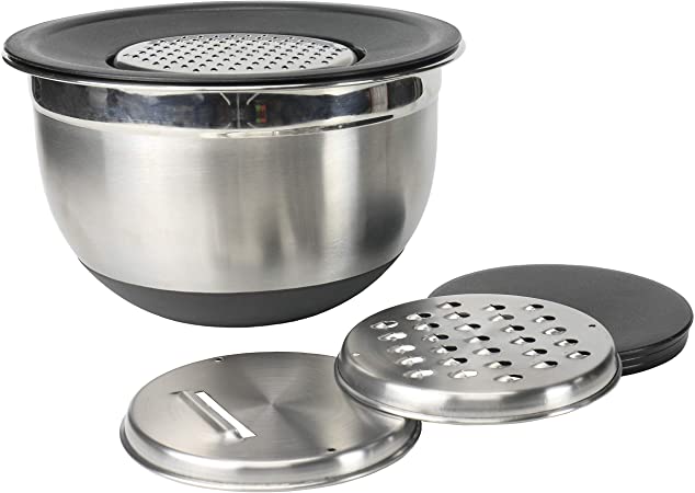 Chef Craft Select Mixing Bowl and Grater Lid Set, 7, 9.5, and 11.5 inch, Stainless Steel