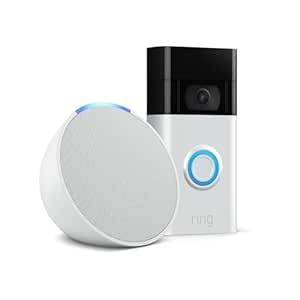 Ring sonnette vidéo sans fil (Video Doorbell), Nickel Satiné   Echo Pop Blanc - Pack de démarrage pour maison intelligente