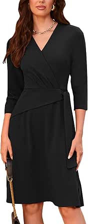 GRACE KARIN Womens Cocktail Dress Faux Wrap V Neck Pleated 3/4 Sleeve Stretchy Midi A Line Wedding Guest Dress