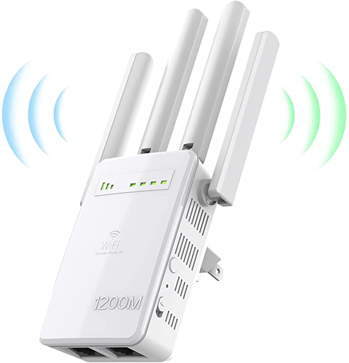 WiFi Range Extender,1200 Mbps Wireless Signal Repeater Booster,2.4 & 5GHz Dual Band Network,for WiFi Internet Connection , 2 LAN/Ethernet, 4 Antennas Coverage to 3000sq.ft & 32 Devices