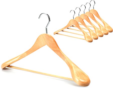 TOPIA HANGER (Set of 6) Luxury Natural Wooden Coat Hangers, Premium Wood Suit hangers, Glossy Finish with Extra-Wide Shoulder, Thicker Chrome Hooks & Anti-slip Bar CT02N