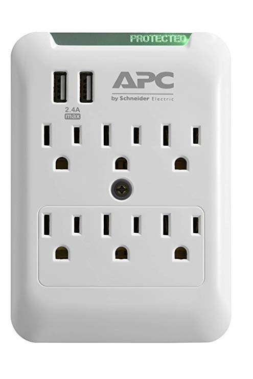 APC Wall Surge Protector 6-Outlets 540 Joule Surge Protection Two 2.4A USB Charging Ports Surgearrest Essential (PE6WU2)