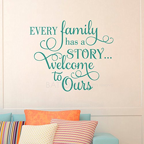 BATTOO Every Family has a Story Welcome to Ours, Family Wall Decal Quotes Photo Gallery Wall Decal 16" W 14" H, Living Room Wall Decal Sticker, teal